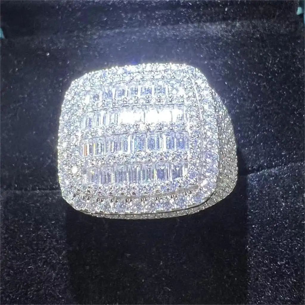 Anillo de diamante de moissanita VVS cuadrado de Plata de Ley 925 con certificado GRA, joyería fina de hip hop para hombres y mujeres