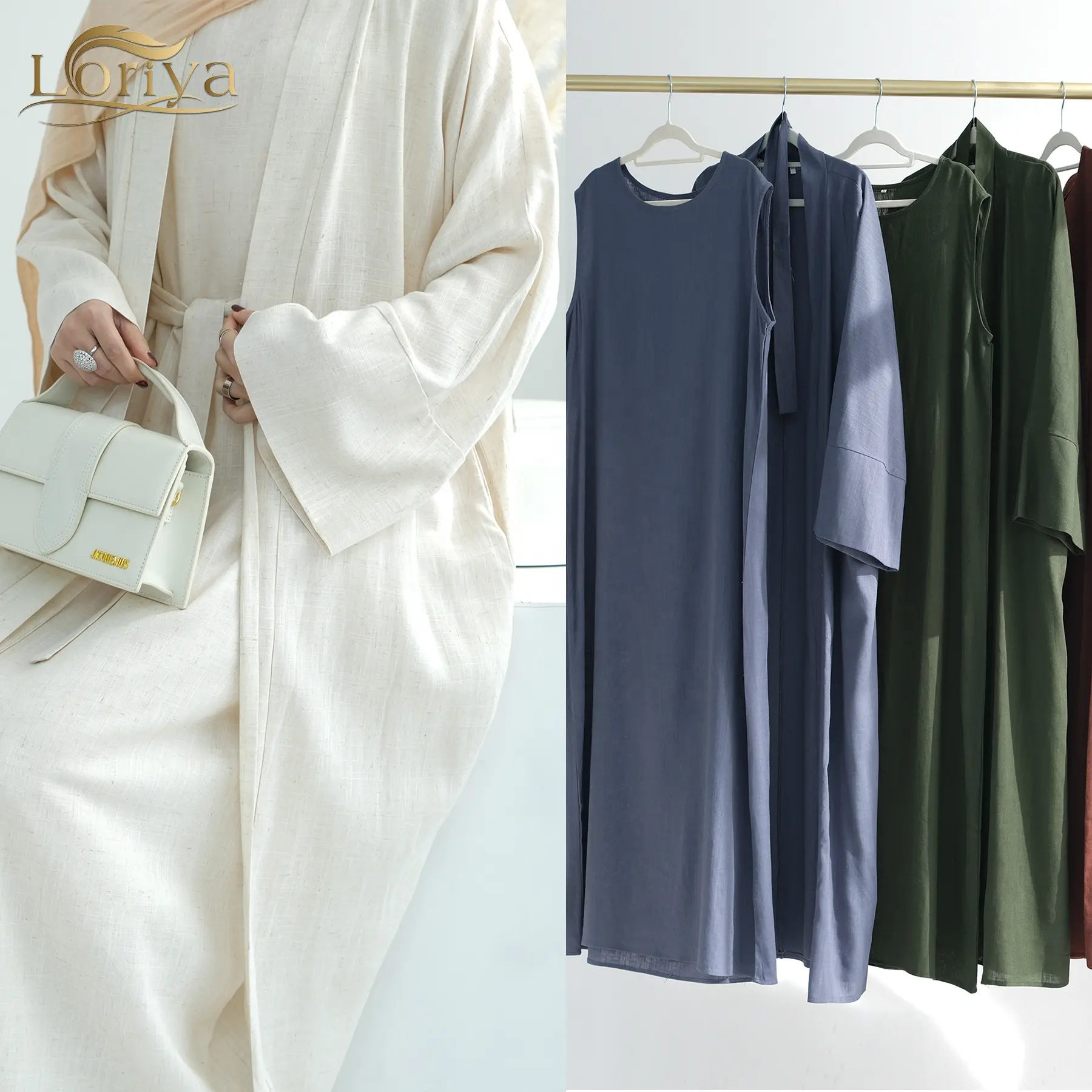 2024 Loriya dernière conception deux pièces ensemble modeste Abaya tenue décontractée femmes musulmanes à manches longues Premium lin Abaya