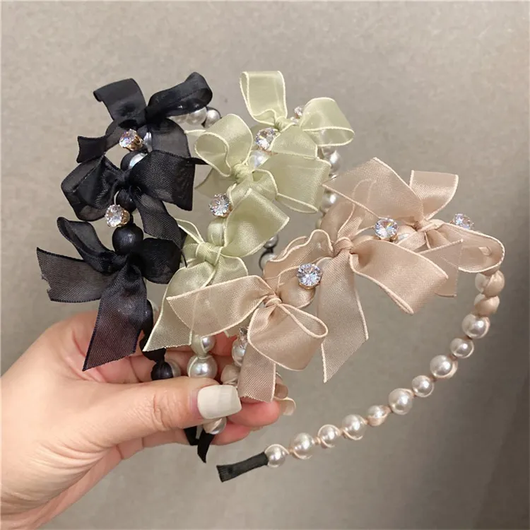 Boda novia accesorio para el cabello Hada gasa Bowknot tocado brillante mujeres borde fino diamantes de imitación perla diadema