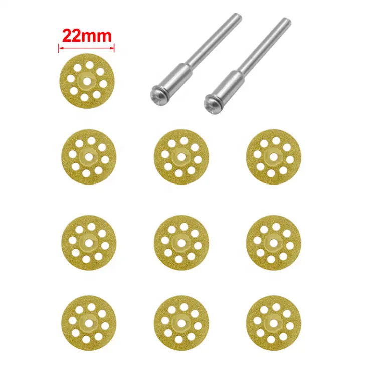 10pcs 22mm 25mm 30mm Mini Diamond Saw Blade Gold Cutting Blade + 2pcs Rod Grinding Drill Adapter Rotation