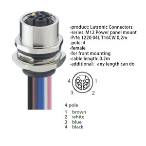 M12 Power Panel Mount Connectors:4/5 Poles Female, L-coded IP67, for Front Mounting, Thread with Nut and Stranded Wires 0.2m - Product Image 2