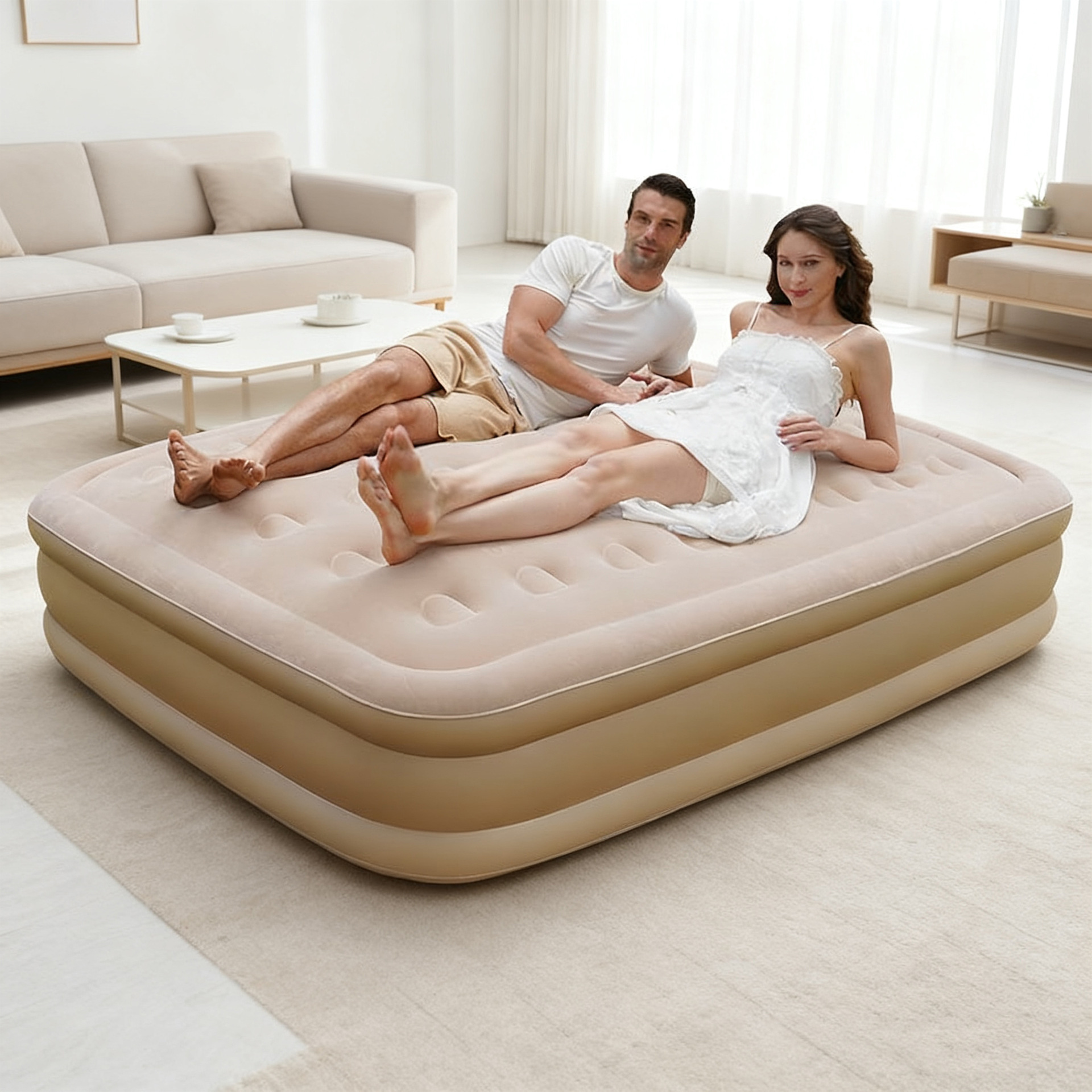 Cama inflable automática con flocado - Beige