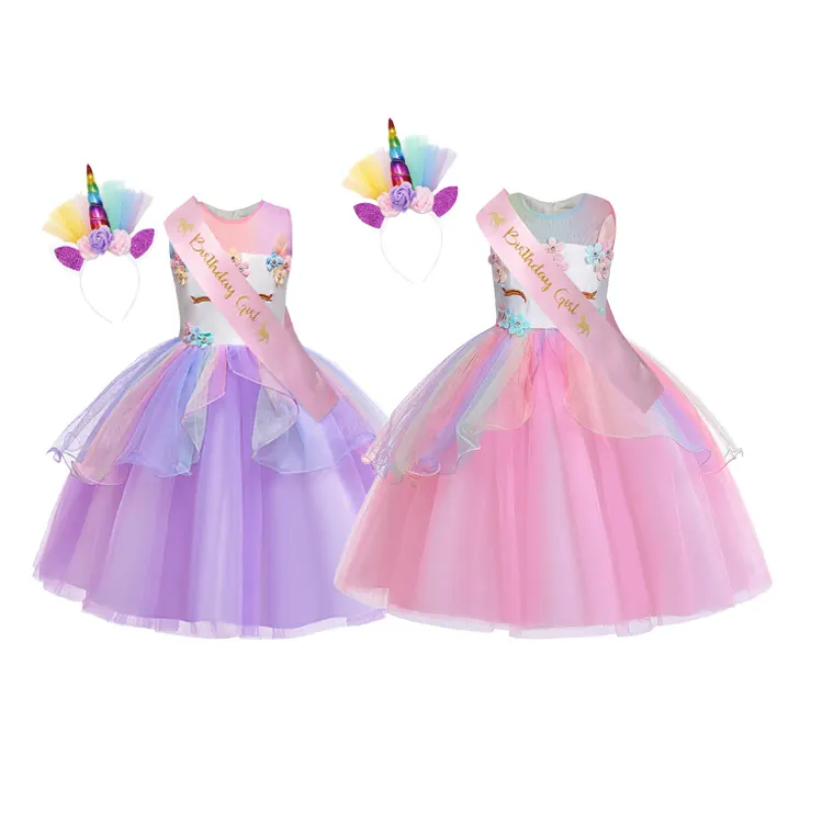 Girls Unicorn Dress Up Party Costume Rainbow Headband Kids Fancy Outfit