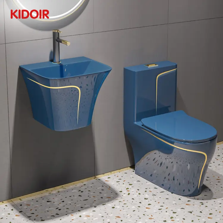 Kidoir Luxury Floor Mounted Ceramic Sanitary Ware Water Closet Bathroom Wc Toilet Blue Color Wash Basin One Piece Toilet Set