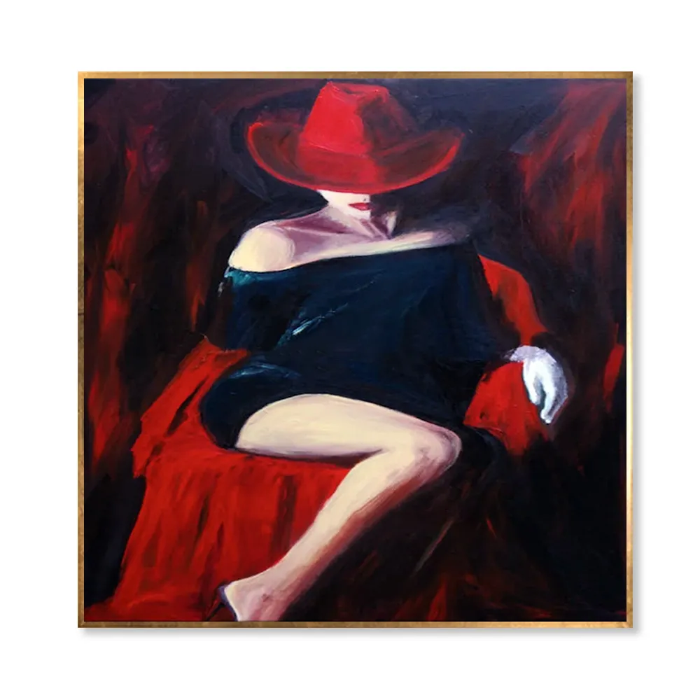 Geschicklicher Künstler handbemaltes Eindruck sexy Lady Portrait Ölgemälde auf Leinwand handgefertigt heißer Körper Dame mit roten Hutbildern