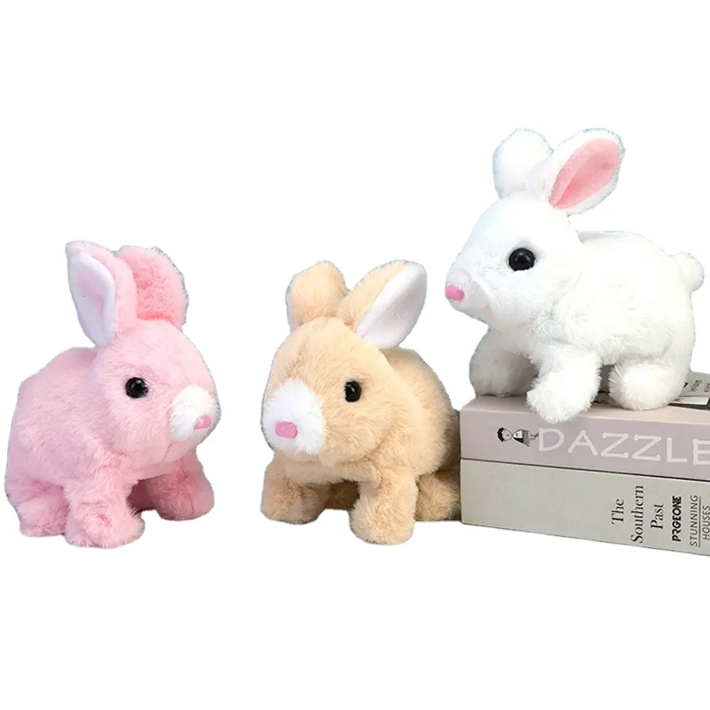 Nuevos juguetes electrónicos 2023 conejo mascota de peluche con sonidos y movimiento saltando juguetes de conejo para caminar