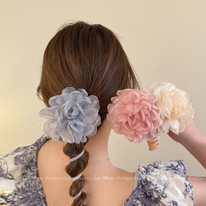 Caro organza vintage elegante grande flor rosa cabelo amarrado fio de telefone laço de cabelo alta elasticidade corda de cabeça faixa de couro feminino