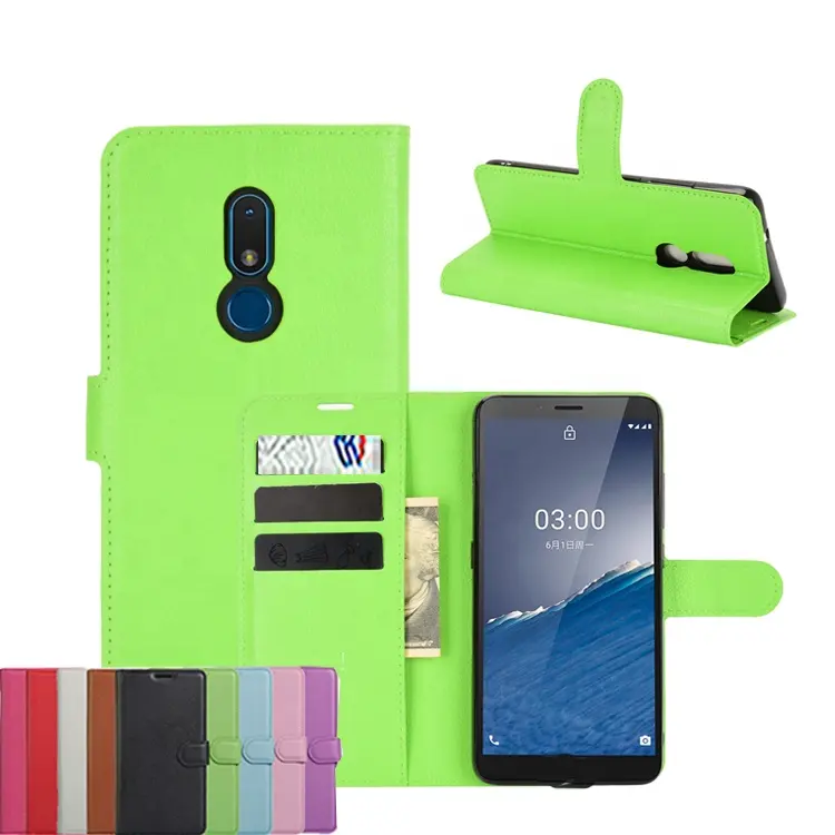 Nokia C3 C22 4G Folio Lichi 프리미엄 Pu 가죽 지갑 플립 백 커버 케이스 녹색