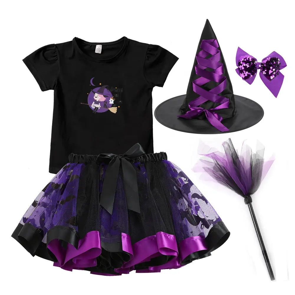 Venta al por mayor de disfraces de Halloween para niños, disfraces de bruja, conjunto de disfraces para niña con sombrero, diadema, falda tutú púrpura, traje para niñas