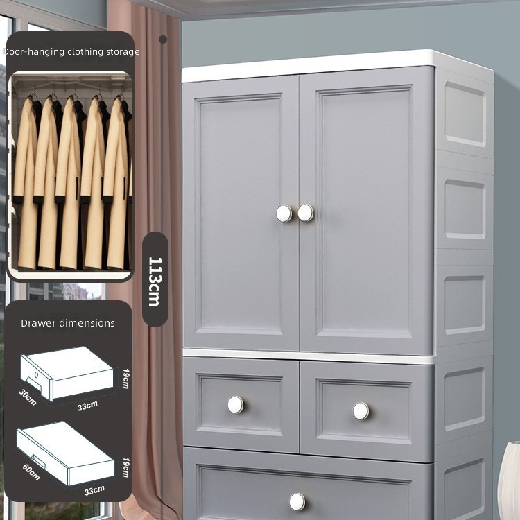 65cm wide hanging wardrobe with drawers-3 tiers-gray