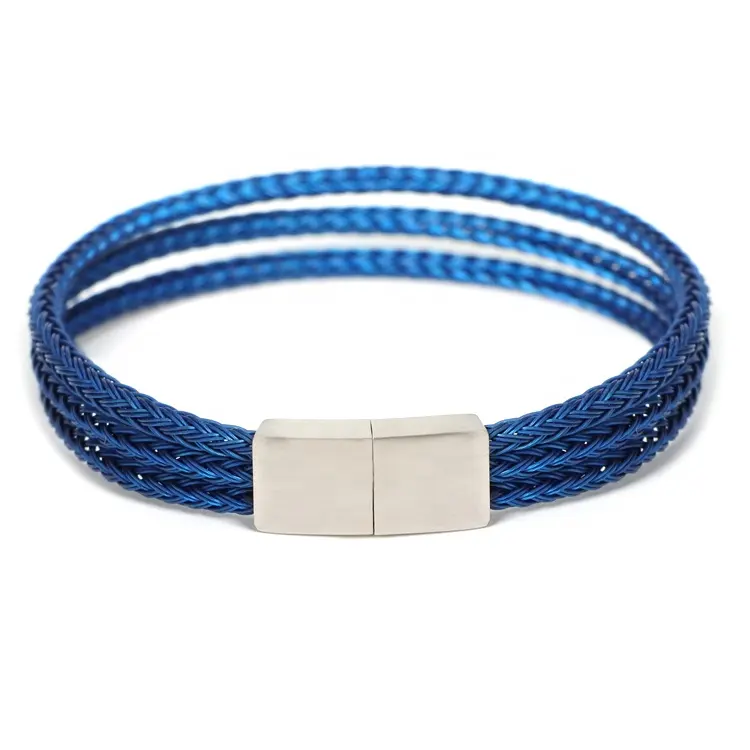 Brazalete de alambre de acero azul trenzado para hombre, pulsera de acero inoxidable con cierre magnético