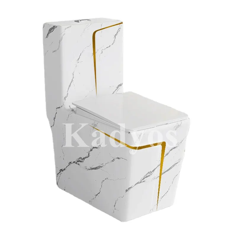 KD-19CTE kommerzielle sanitärarmatur goldene Farbe Liniendekoration einteilige Toilette mit quadratischem Sitz Marmor-Design Boden Keramik-WC