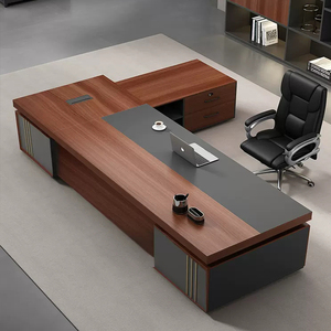 Hiện đại điều hành văn phòng bàn thiết lập với kệ sách lưu trữ sang trọng Gỗ Veneer quản lý bảng với ngăn kéo và ghế da - Product Image 2