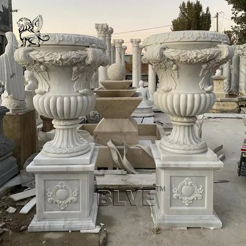 BLVE大きな屋外の庭の装飾手彫りの白い大理石の花瓶天然石プランターポット大理石の壷