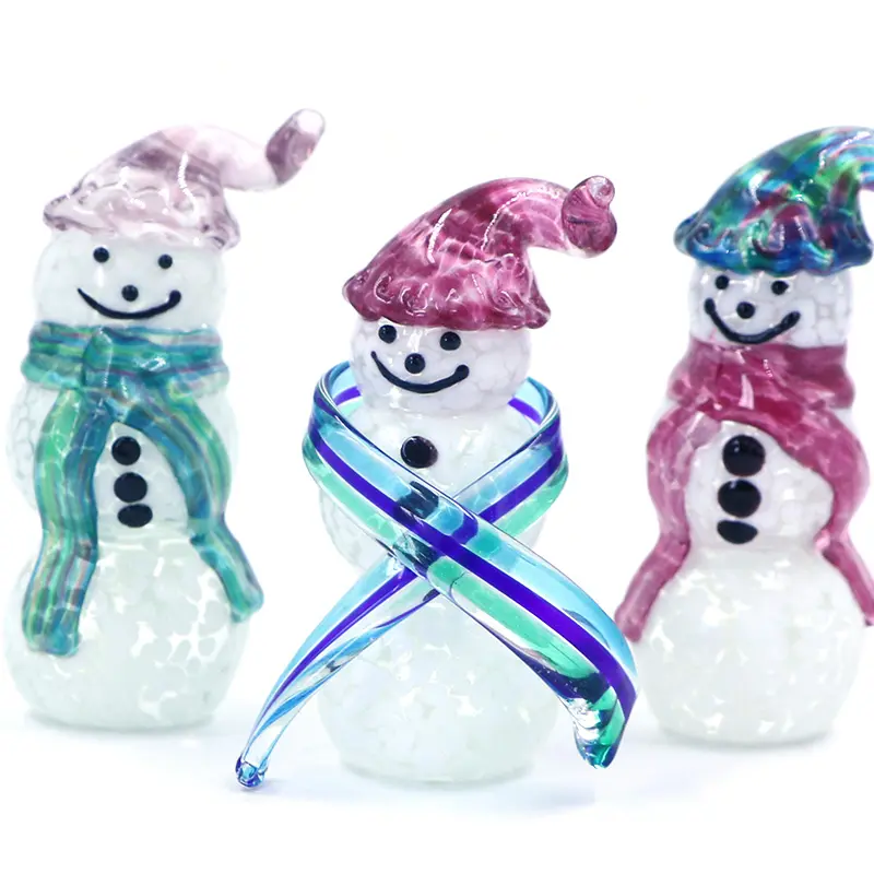 Decoración navideña colorida hecha a mano Murano Lampwork cristal muñeco de nieve estatuilla con bufanda extraíble