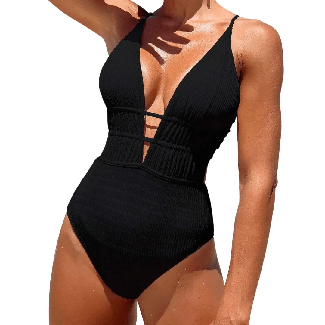 Costume da bagno intero da donna con collo a V incrociato tinta unita 2024 costine Monokini Beachwear con cinturino in Nylon