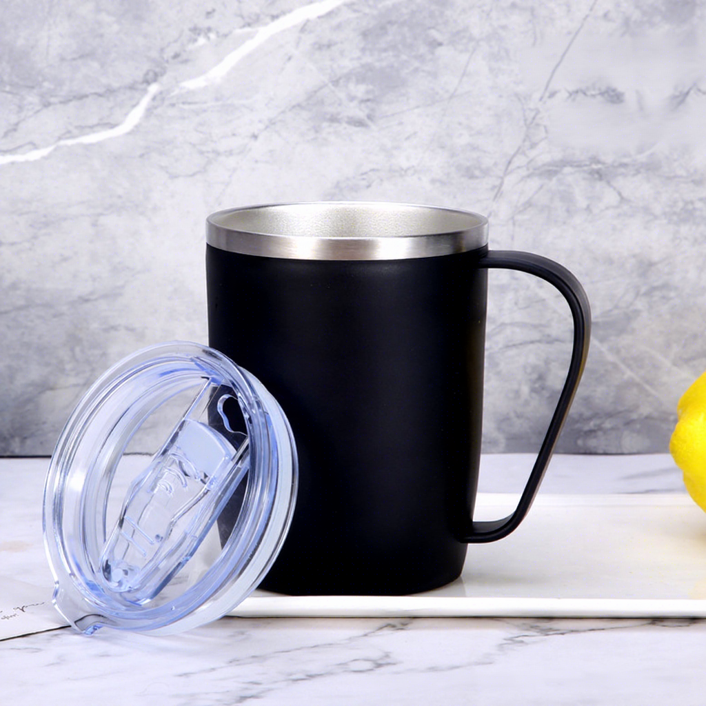 Gobelet pour rince-bouche en acier inoxydable noir avec poignée et couvercle-450 ml