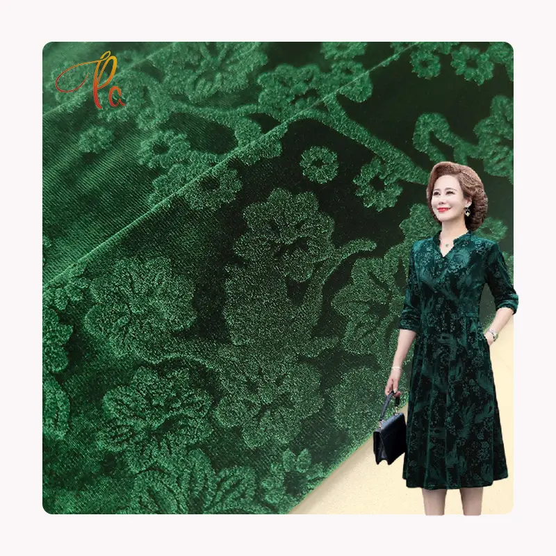 Elegante floral liso teñido personalizado Burnout terciopelo tela de punto elástico verde 100% poliéster tela para prendas de vestir