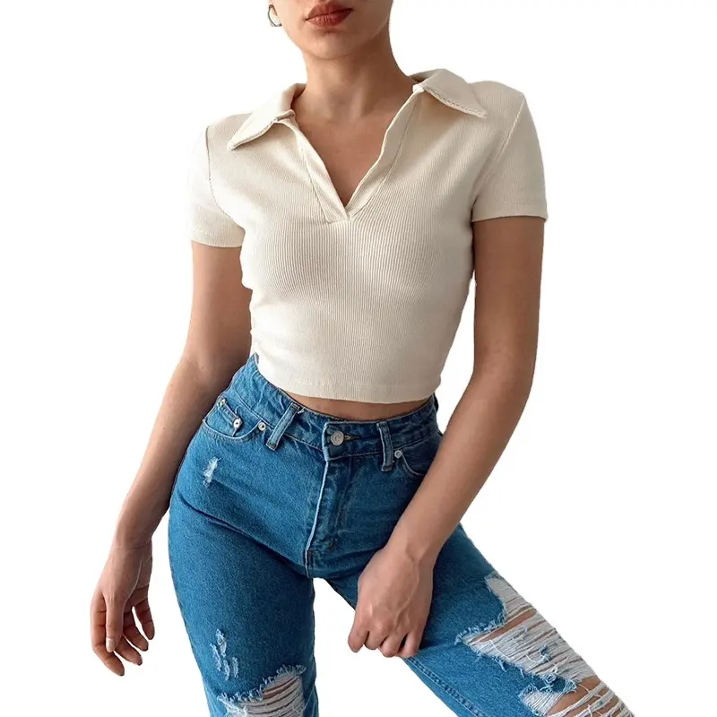 kingyoung summer high quality hot sale short sleeve V neck cutout back knot skinny fit young girl Wholesale Bulk Crop Tops