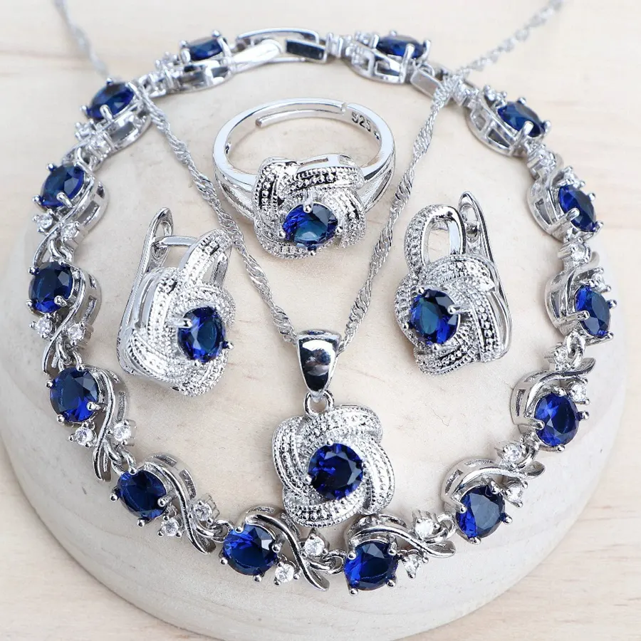 Set di gioielli in argento 925 con zirconi blu per le donne orecchini da sposa da sposa anello bracciali collana con ciondolo Set