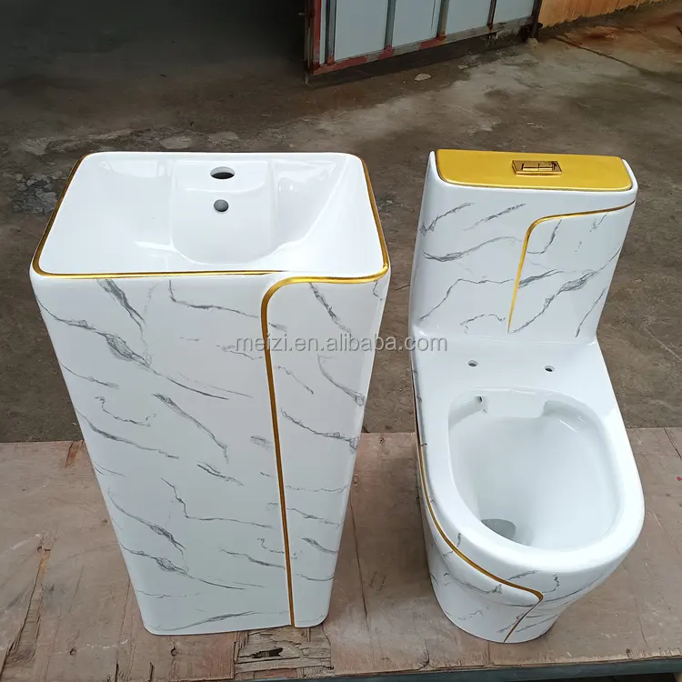 संगमरमर सेनेटरी वेयर सुइट डब्ल्यूसी एक टुकड़ा सिरेमिक कमोड शौचालय और सिंक सेट बाथरूम लक्जरी