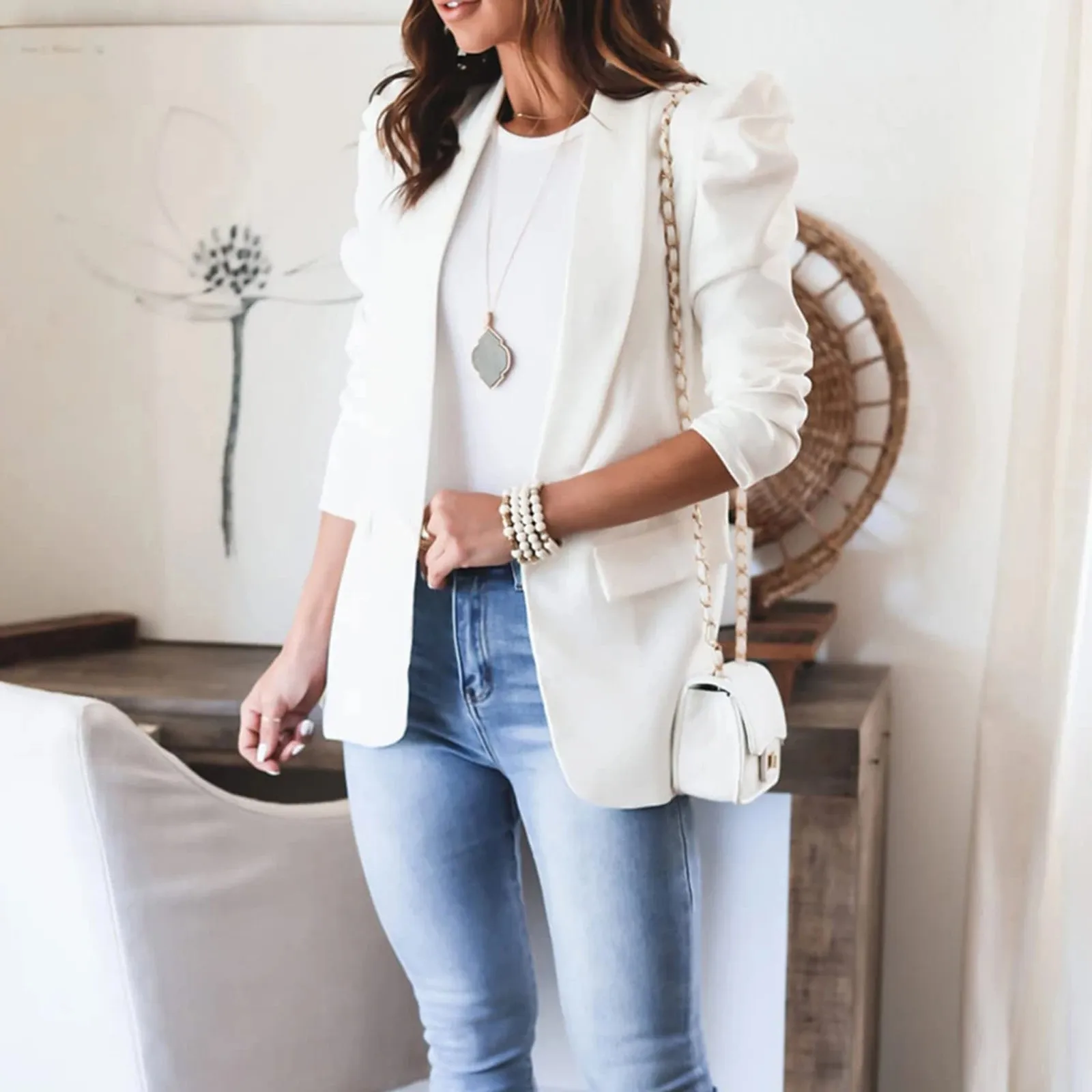 Women Casual Blazer Puff Sleeve Design Office Lady Coat Business Jackets Work Suit