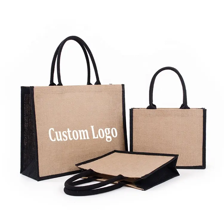 Doğal PE kaplama laminasyon çuval bezi özel logo renk eko dostu bakkal tote çanta kullanımlık sac en jüt alışveriş çantası