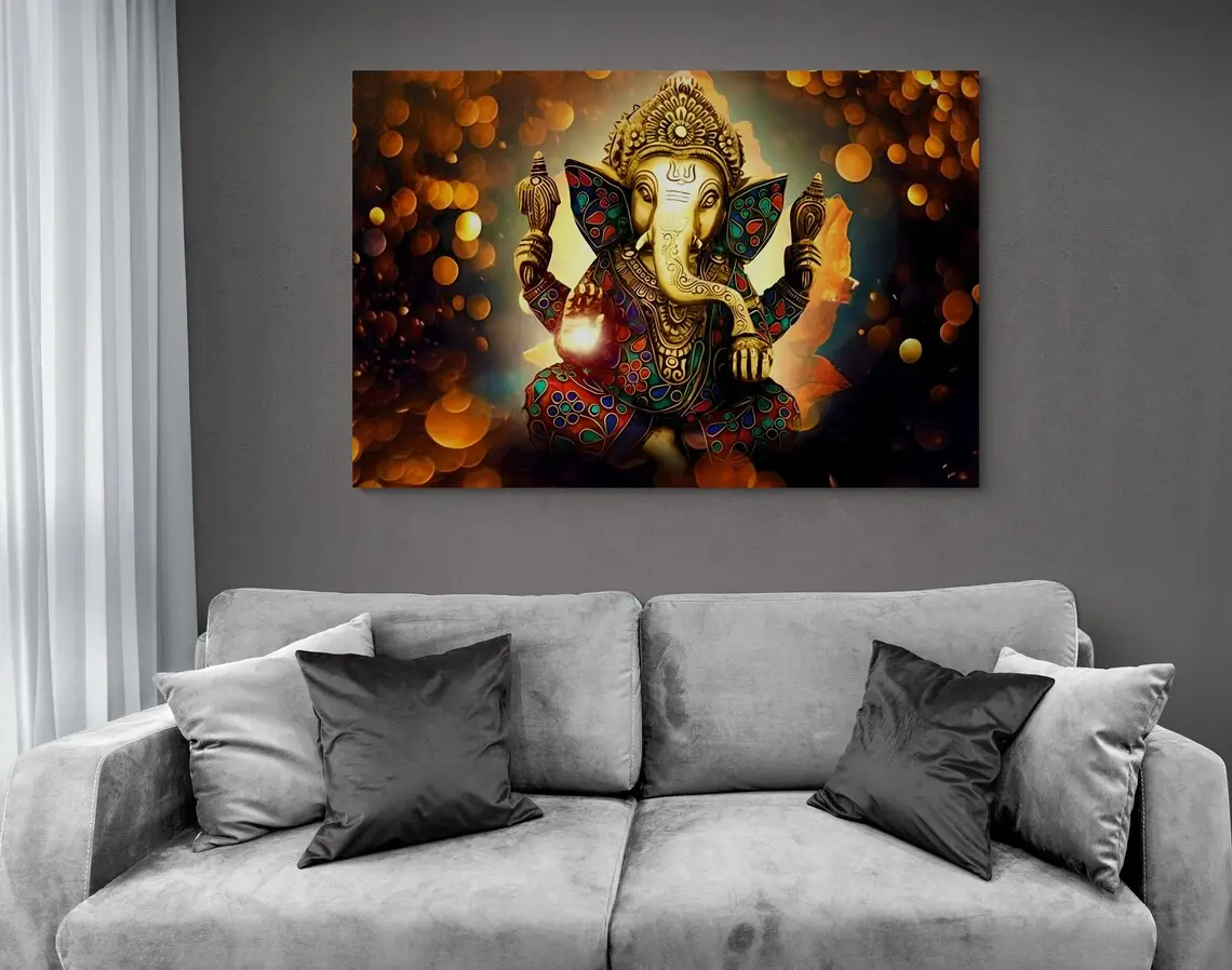 Señor Ganesha lienzo enmarcado Dios hindú arte de pared Dios indio mitología asiática ilustraciones elefante lienzo impresiones decoración del hogar