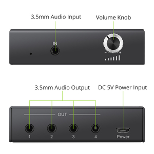 <strong>1</strong> in <strong>4</strong> Out 3.5mm Jack Stereo Audio <strong>Splitter</strong> Switcher <strong>4</strong> Ports 3.5mm Headphone Audio <strong>Switch</strong> Box with Volume Control Knob