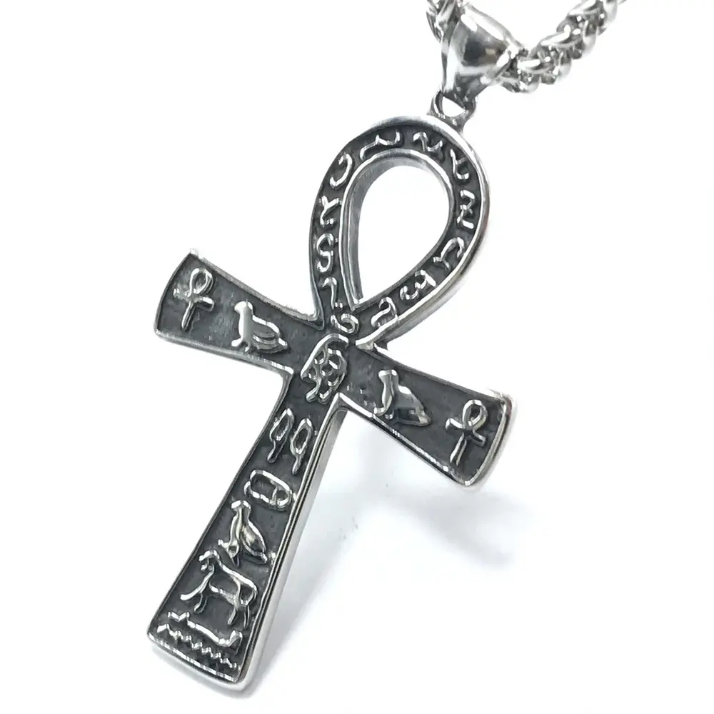 Stainless Steel Casting Antique Embossed Ancient Egyptian Hieroglyphic Symbol Animal Large Ankh Cross Pendant