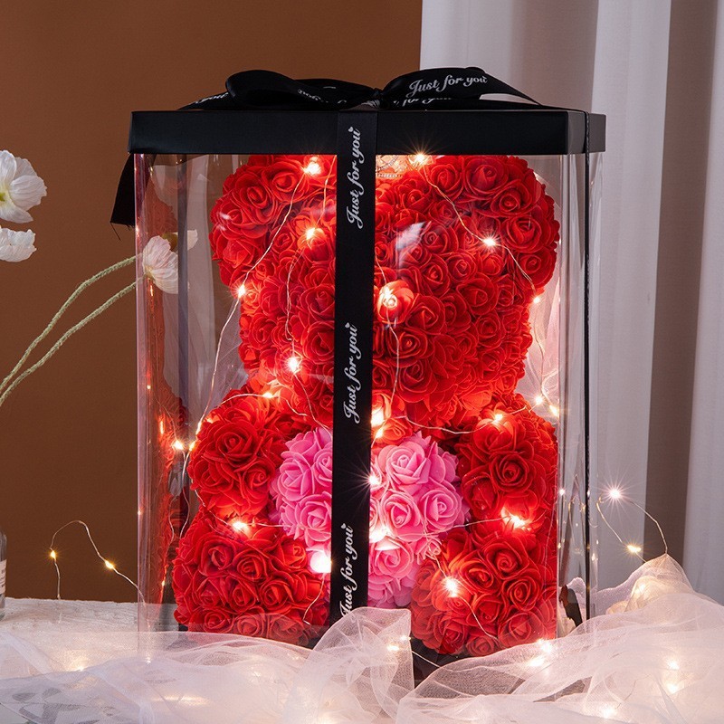 Coffret cadeau ours rose coeur rose rouge 25CM + lampe
