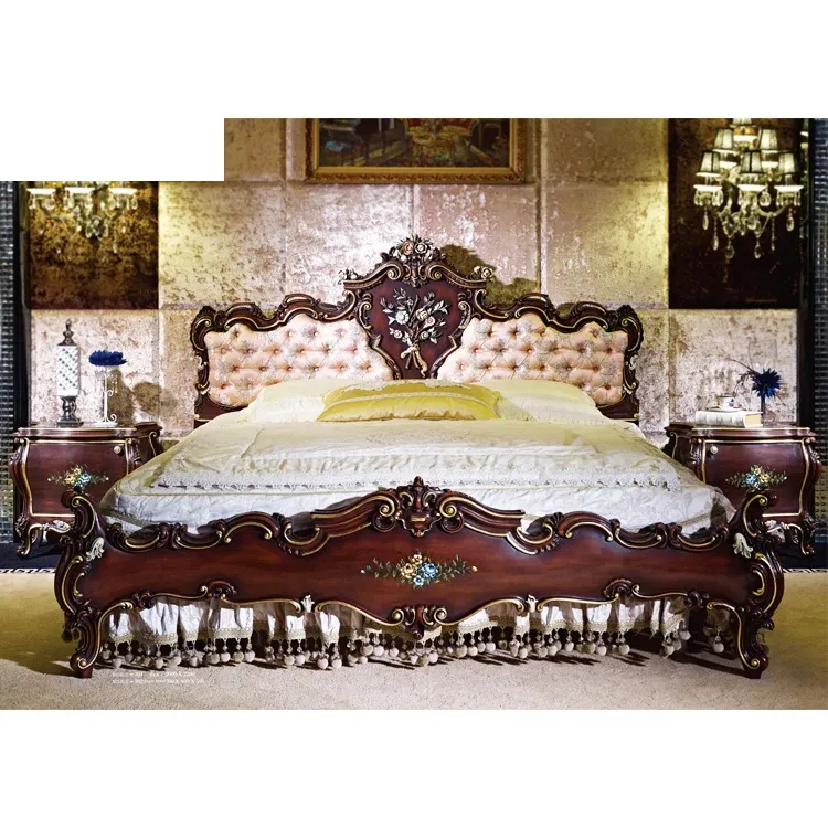 Kf Casa Royal diseños de madera lechos de madera hechos a mano exclusivos tallados a mano caoba elegante cama de madera camas con reposacabezas