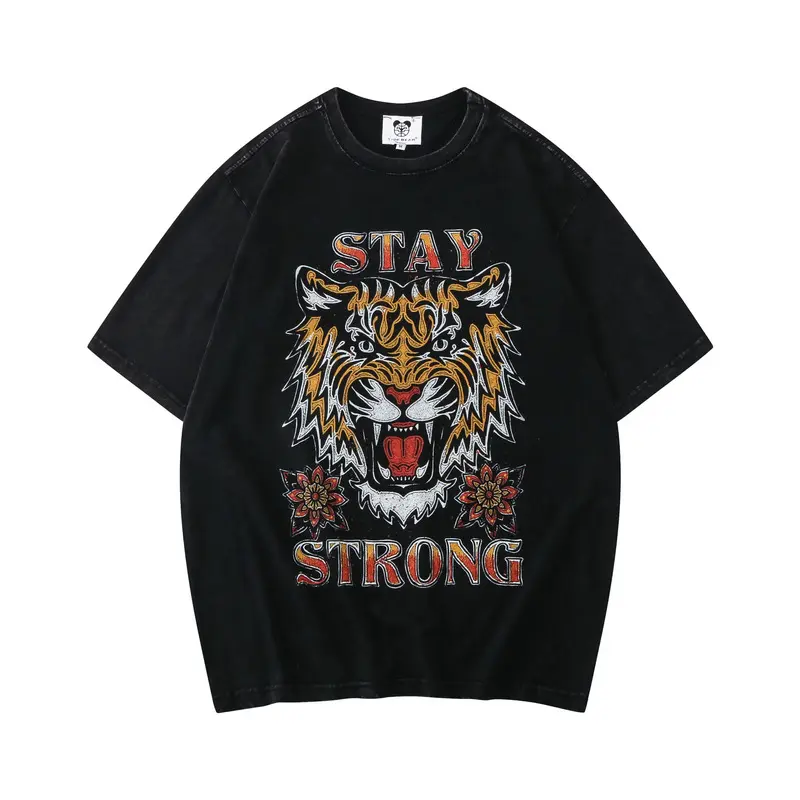 Camiseta de manga corta con cabeza de tigre para hombre, camisa antigua de lavado, marca de moda americana, Tops de media manga