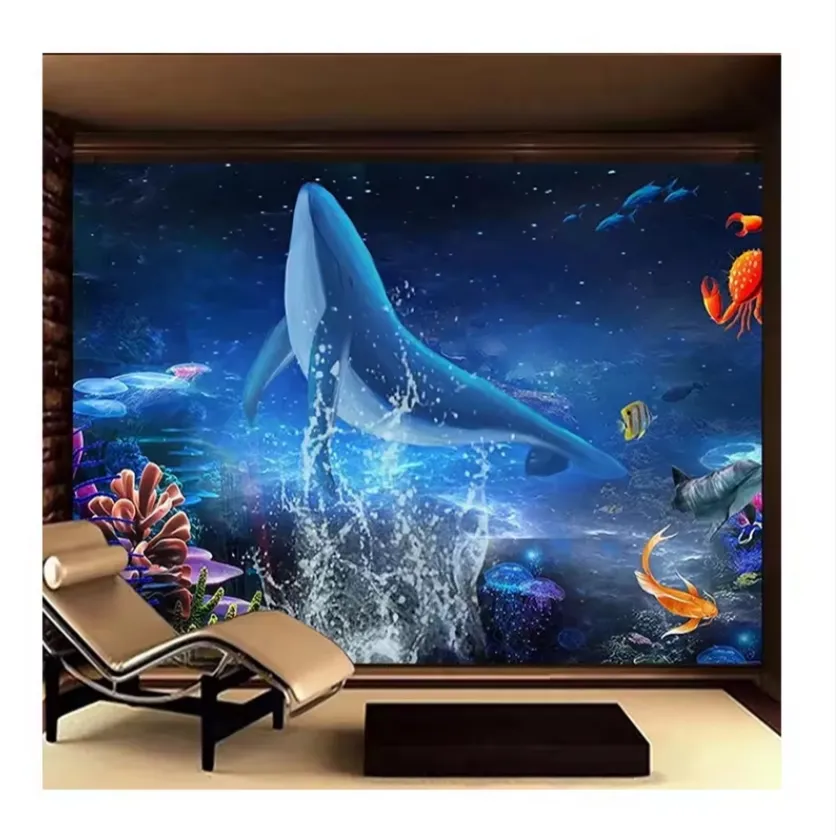 3D Cartoon Wallpaper Hand-drawn Fantasy Starry Night Underwater Whale Mural For Kids Room Children's Wall Decor Fresco