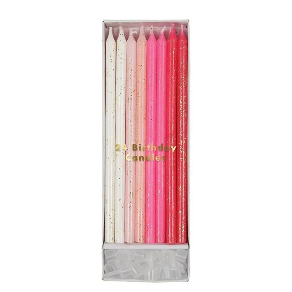 24 Stück dünne lange Glitter rosa Bleistift form Gold pulver Geburtstags torte Dekoration Kerze