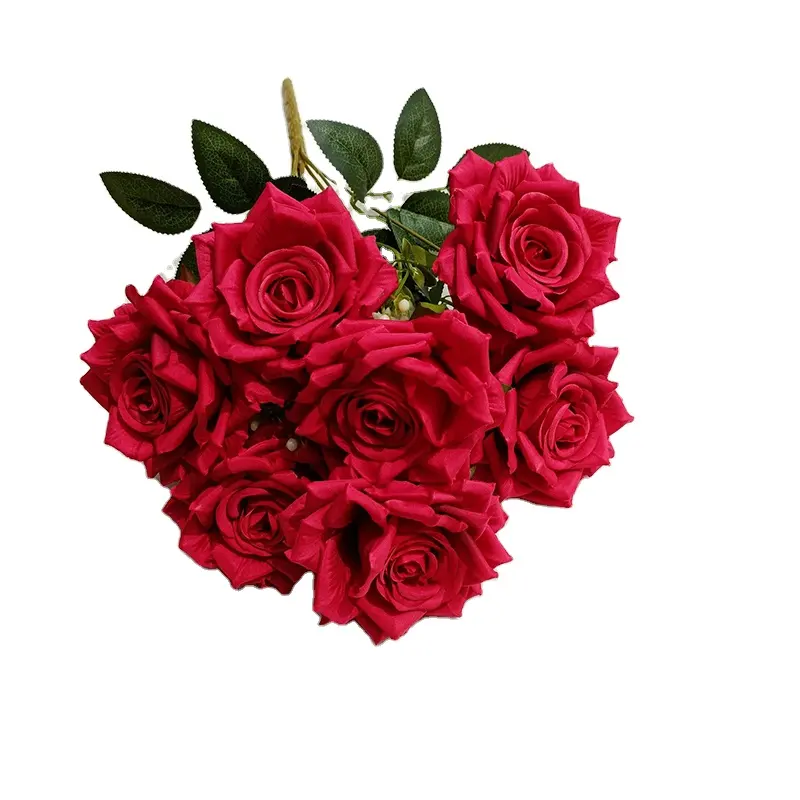 41Cm 7 헤드 도매 가격 꽃 뜨거운 핑크 빨간색 인공 실크 꽃 장미 웨딩 룸 장식