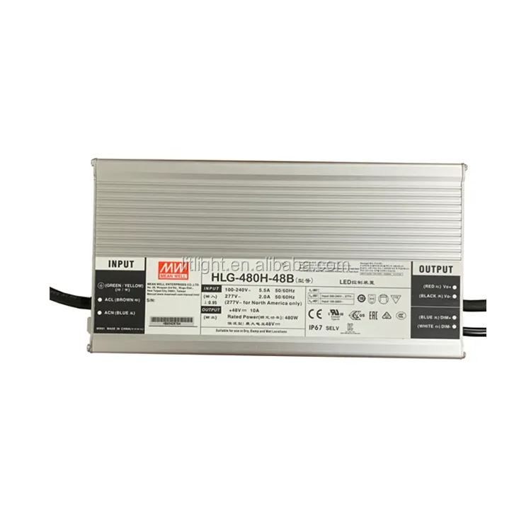 Original MeanWellแหล่งจ่ายไฟกันน้ำIP67 หรี่แสงได้ 480W Mean Well Driver HLG-480H-48B