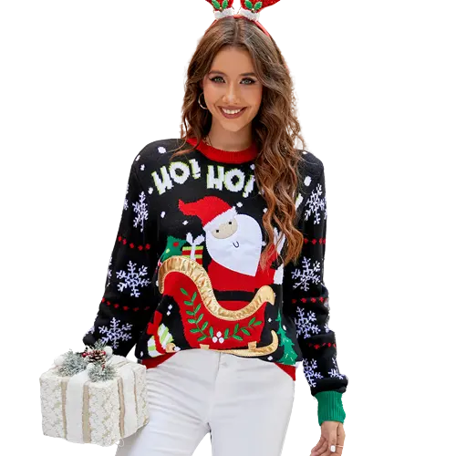 Lindo cuello redondo suéter de Navidad patrón de Papá Noel en vino rojo manga completa longitud gruesa y regular para mujer