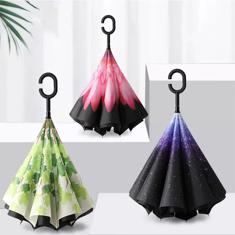 Custom doppio strato C forma di maniglia a pioggia inversa ombrello capovolto ombrello con Logo di stampa per auto ombrelli
