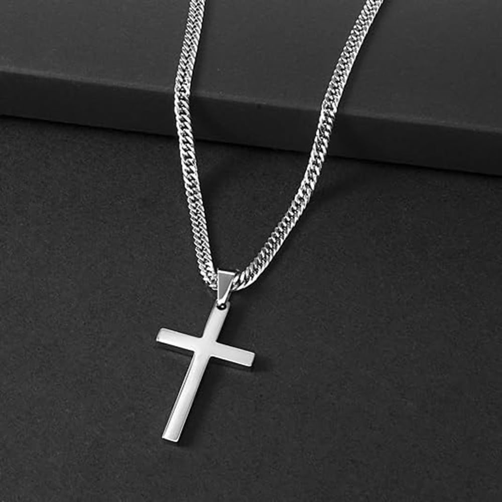 Catena da 5 mm di larghezza, 50 cm di lunghezza, pendente a croce da 2,5 cm, colore acciaio