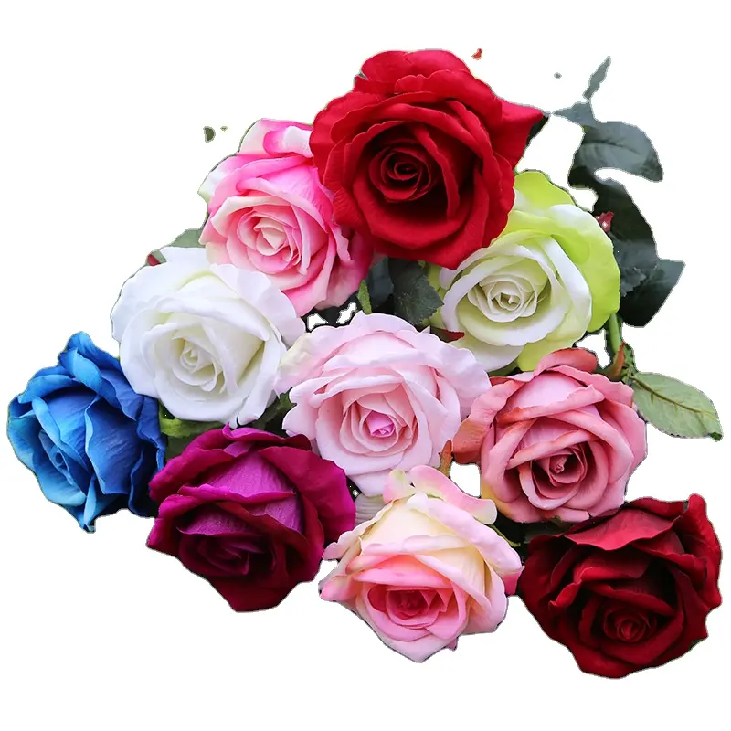 Rosas artificiales de terciopelo con tacto Real, rosas falsas de un solo tallo, ramo de seda realista, arreglos de flores