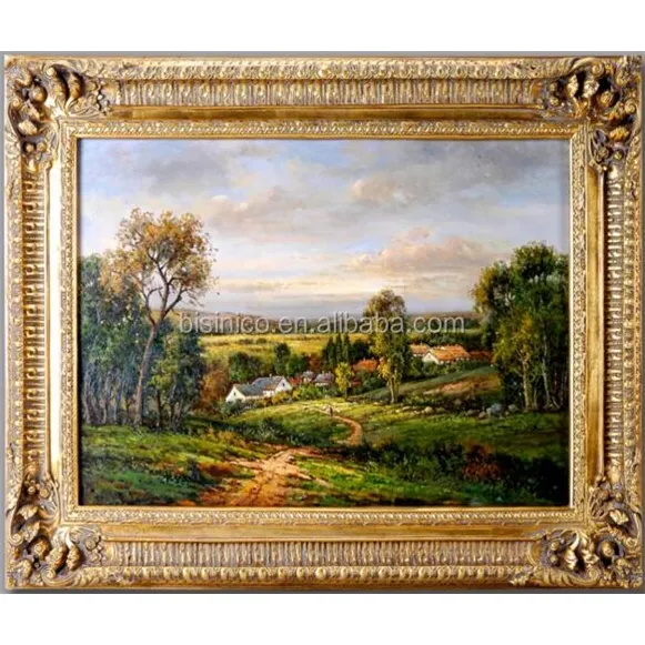 Free sample Country Side Landscape Oil Painting With Wooden Frame, Vintage Antique Wall Picture