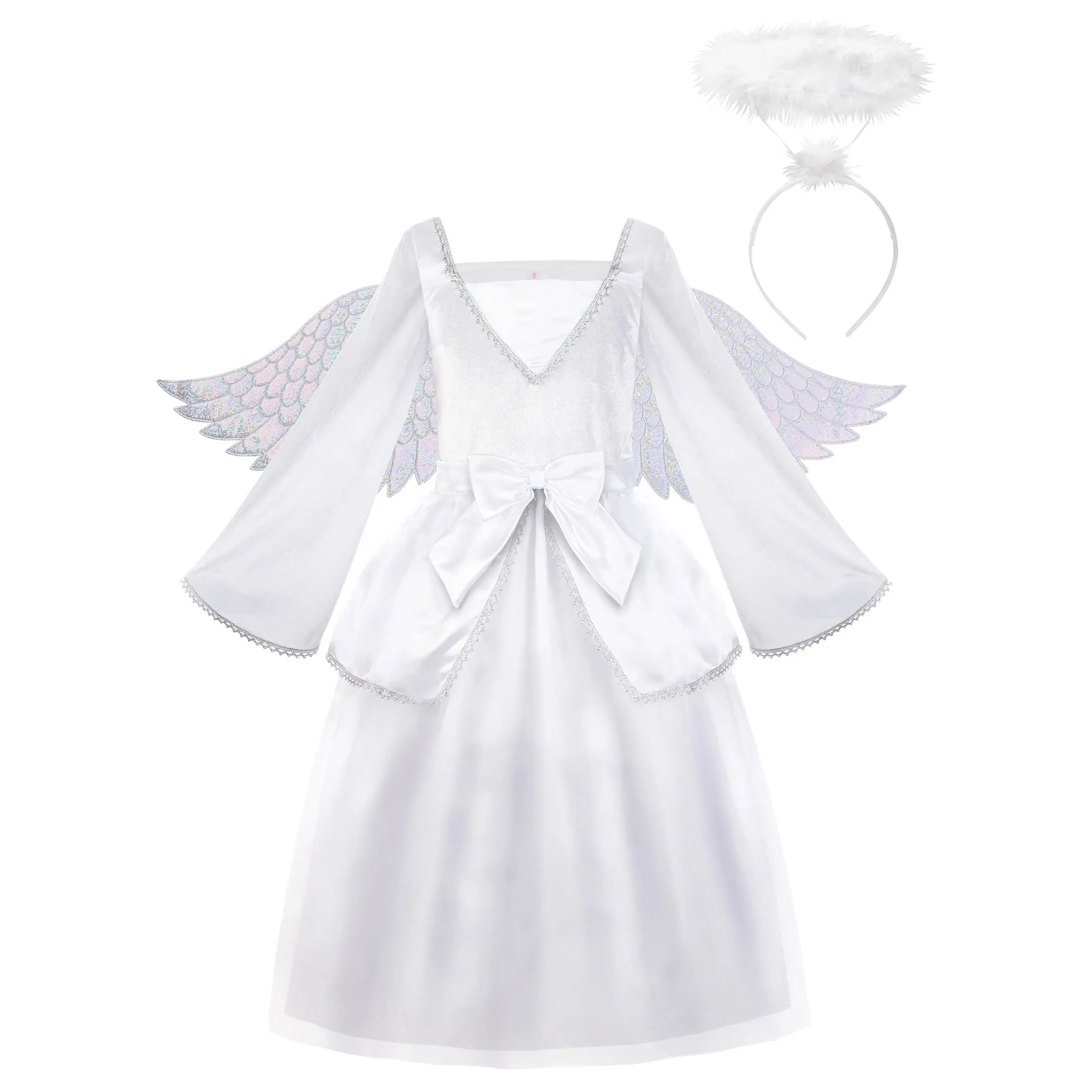 아이들을위한 할로윈 소녀 천사 의상 화이트 멋진 공주 얇은 명주 그물 원피스 할로윈 파티 천사 원피스 날개와 헤일로