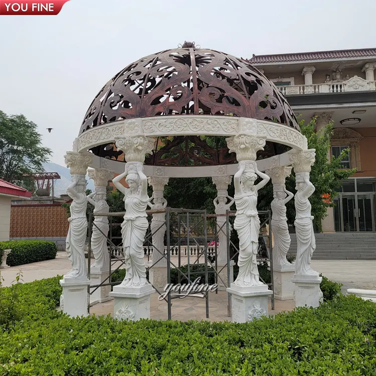 Gazebo in pietra naturale da giardino intagliato a mano con cupola da esterno con statua da donna