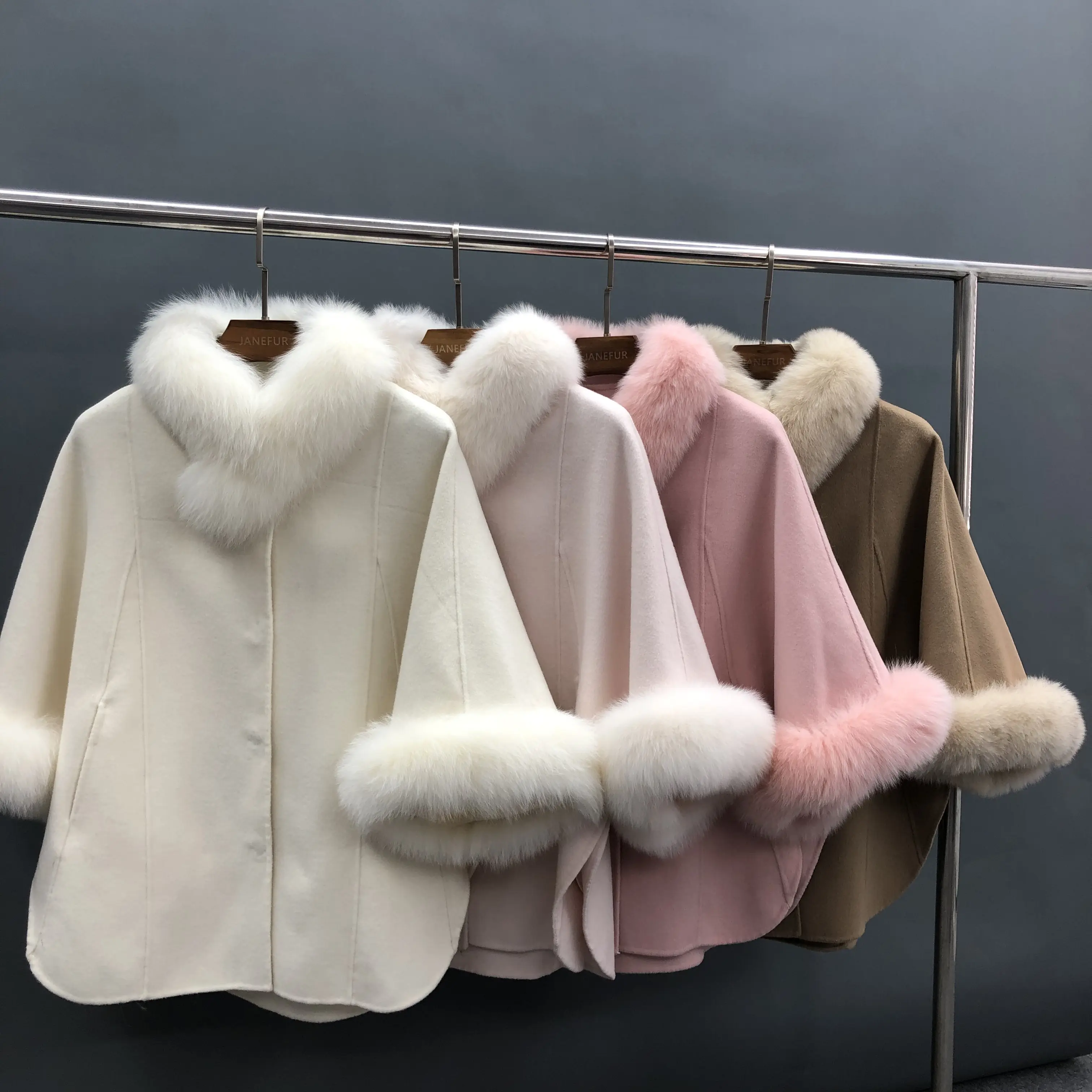 High quality custom soft fur collar knit woolen coat 4 color winter fur poncho cape coat women