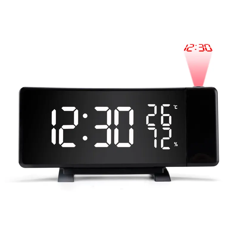 מקרן שולחני זמן תצוגת מסך LCD עם פונקציית נודניק 180 שעון מעורר רדיו FM מסתובב לחדר השינה