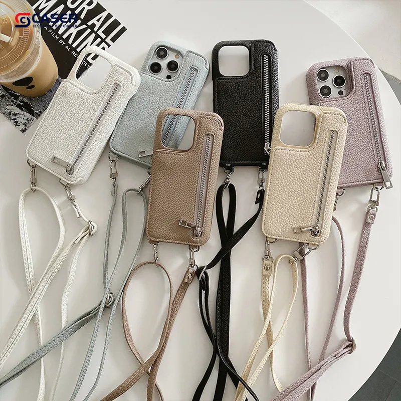 Da gương chủ thẻ điện thoại di động Trường hợp với dây đeo Crossbody màu sắc tinh khiết vỏ điện thoại di động cho Iphone 15 14