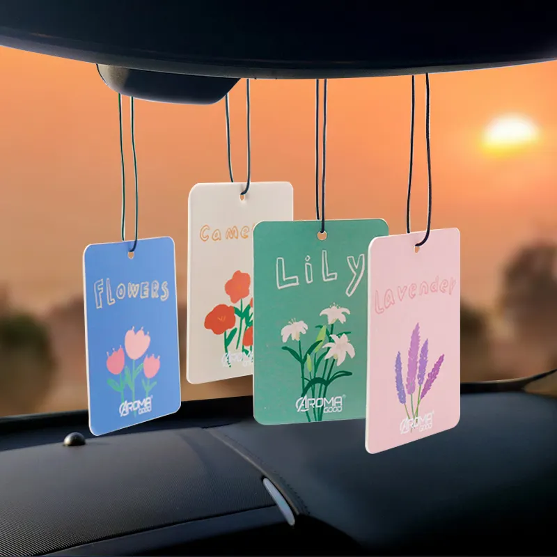 Impressão de fábrica personalizada pendurada fragrância cartão perfume cartão de papel carro purificador de ar com corda