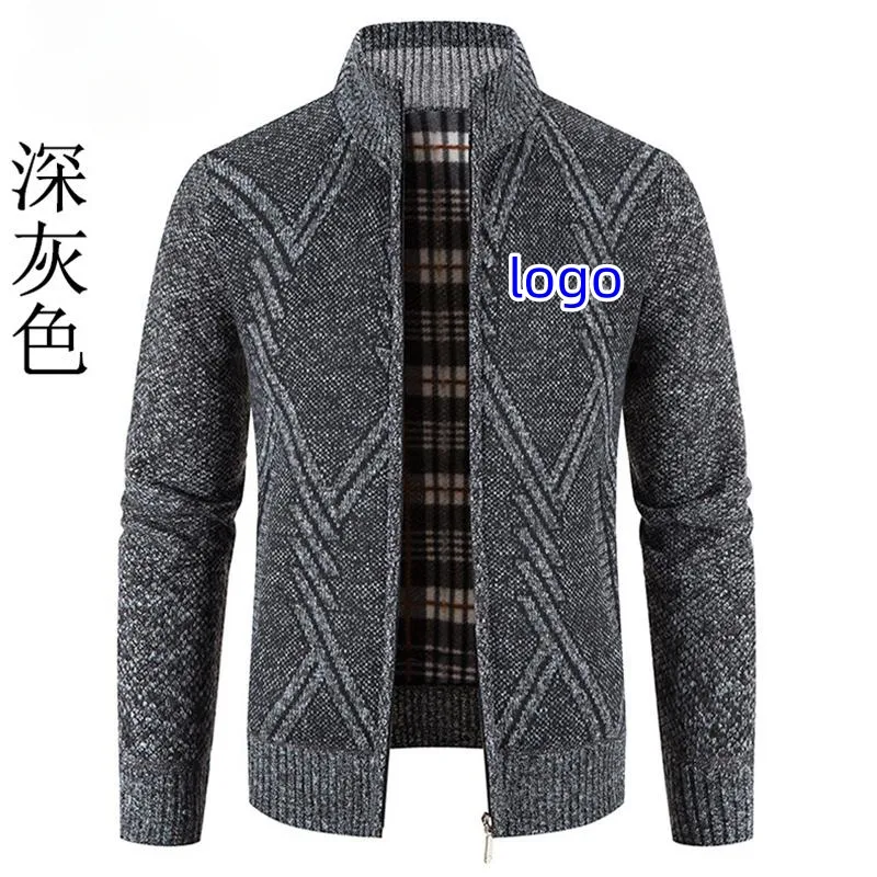 Jaket longgar kerah berdiri pria, sweater rajutan trendi bercetak beludru tebal plus musim gugur dan musim dingin