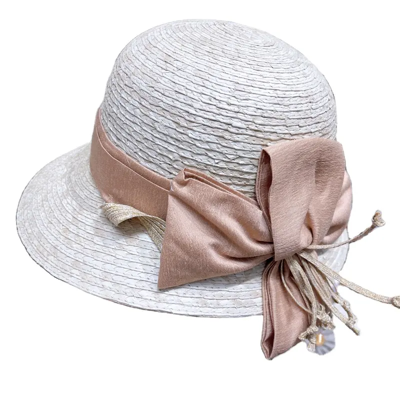Novo Estilo Verão Moda Feminina Tecido Vintage Bow Cloche Side Drape Chapéu De Palha Boho Designer De Jardinagem Mexicano Palm Leaf Hat